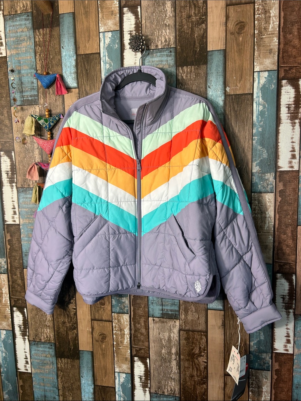Free people movement Light Purple Chevron Puffer Jacket with Rainbow Accent